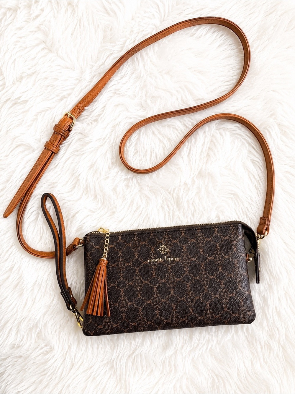Nanette Lepore Brown Monogram Crossbody Wallet Bag Tassel Convertible Wristlet